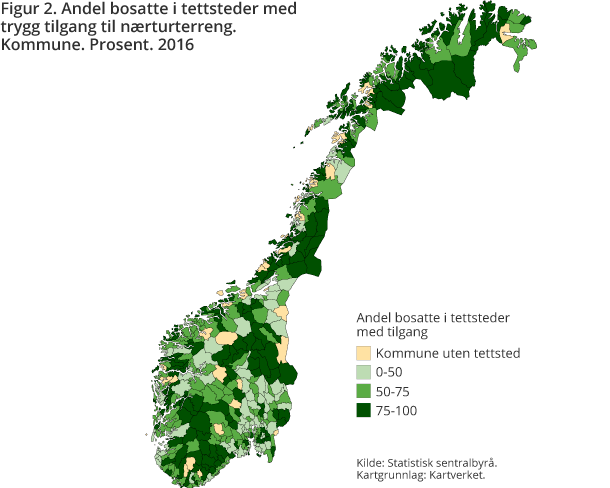 Figur 2. Andel bosatte i tettsteder med trygg tilgang til nærturterreng. Kommune. Prosent. 2016 Figur 2. Andel bosatte i tettsteder med trygg tilgang til nærturterreng. Kommune. Prosent. 2016