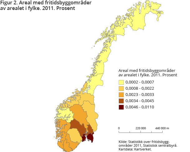 Figur 2. Areal med fritidsbyggområder av arealet i fylke. 2011. Prosent