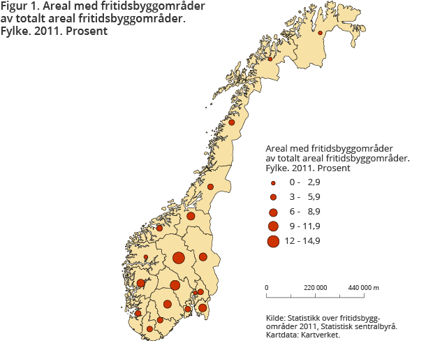 Figur 1. Areal med fritidsbyggområder av totalt areal fritidsbyggområder. Fylke. 2011. Prosent