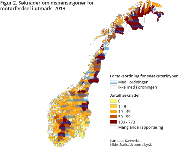 Søknader om dispensasjoner for motorferdsel i utmark. Kommuner med i forsøksordning for snøskuterløyper. 2013