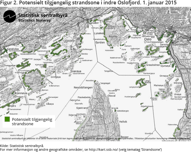 Figur 2. Potensielt tilgjengelig strandsone i indre Oslofjord. 1. januar 2015