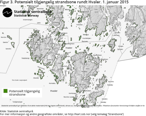 Figur 3. Potensielt tilgjengelig strandsone rundt Hvaler. 1. januar 2015