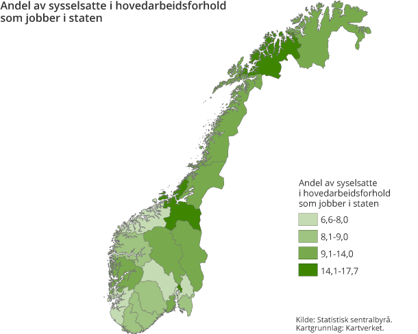 Andel av sysselsatte i hovedarbeidsforhold som jobber i staten Andel av sysselsatte i hovedarbeidsforhold som jobber i staten