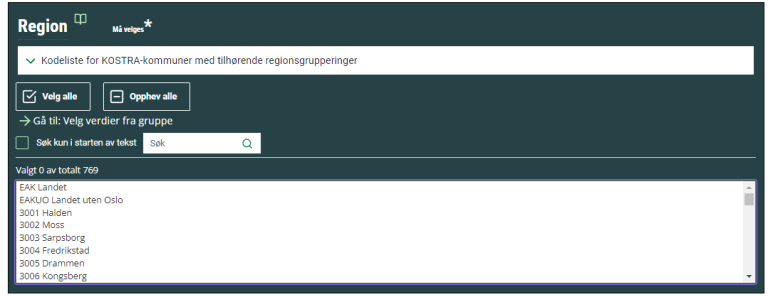 Bildet viser valgskjermbildet i Statistikkbanken der man i feltet "Region" velger "Kodeliste for KOSTRA-kommuner med tilhørende regionsgrupperinger"
