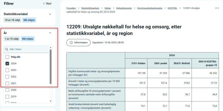 Skjermbilde av filter for valg av år i statistikkbanken