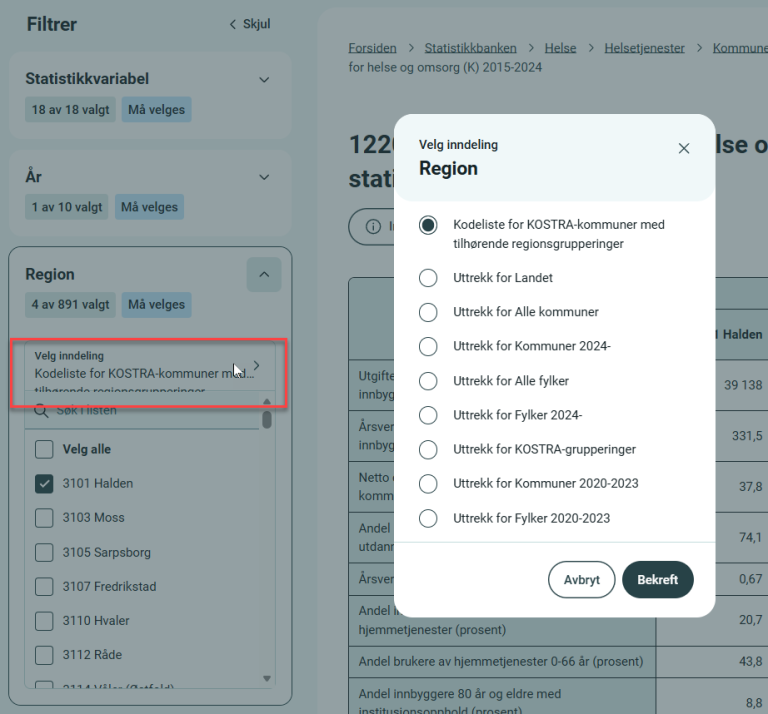 Skjermbilde av filter for region i statistikkbanken