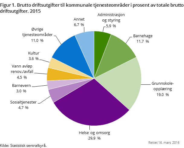 Figur 1. Brutto driftsutgifter til kommunale tjenesteområder i prosent av totale brutto driftsutgifter. 2015