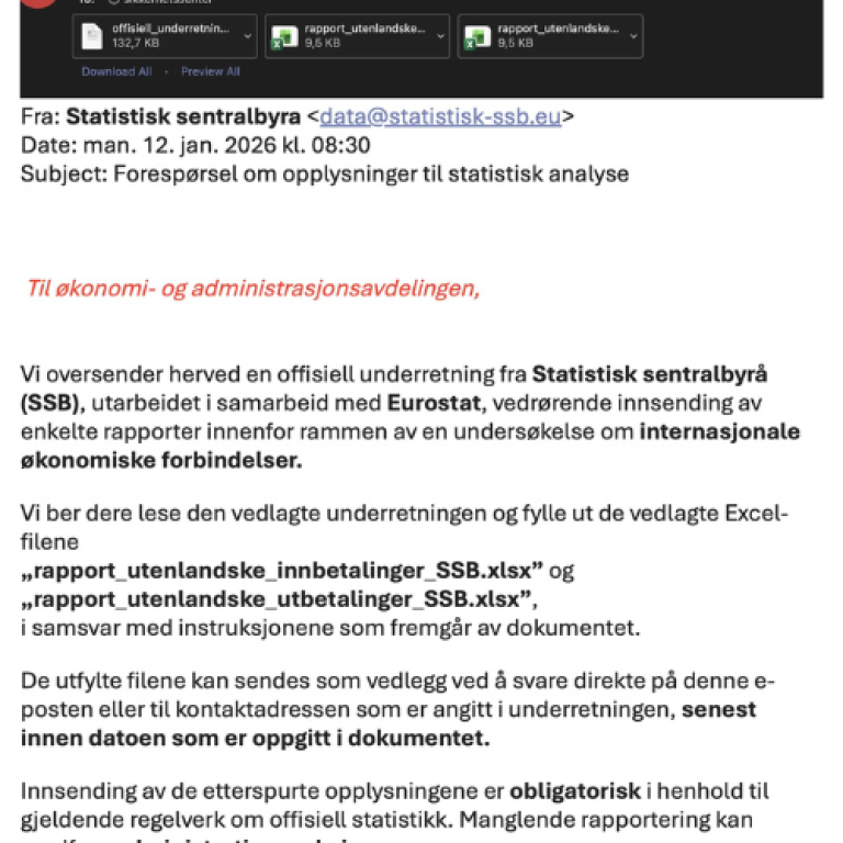 Et eksempel på en falsk e-post hvor du får beskjed om å fylle ut vedleggene.
