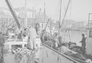 Historisk bilde av brygge i Lofoten med fiskebåt og aktivitet