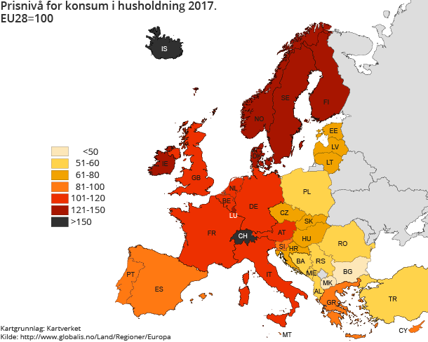 Prisnivå for konsum i husholdning 2017. EU28=100 Prisnivå for konsum i husholdning 2017. EU28=100