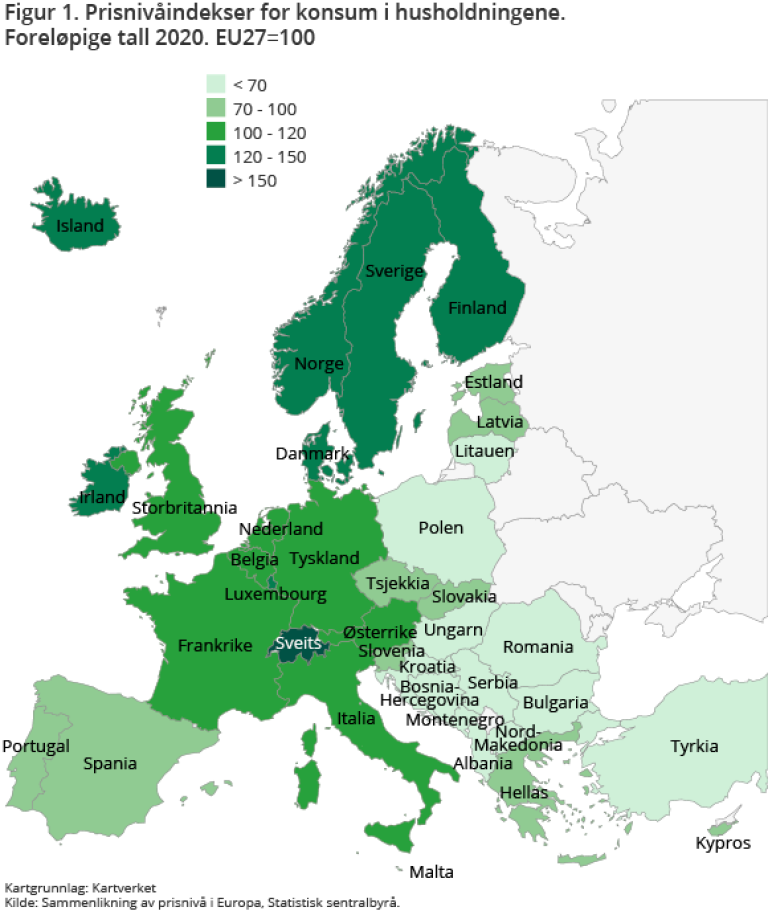 Kartet viser prisnivåindekser for konsum i husholdningene. Foreløpige tall 2020. EU27=100