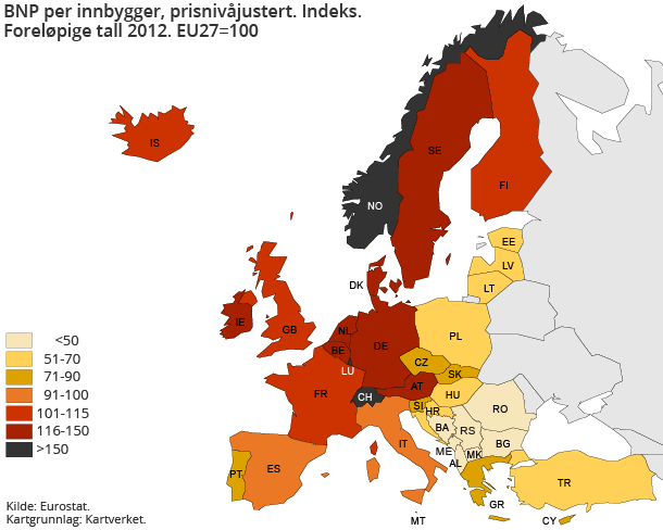 BNP per innbygger, prisnivåjustert. Indeks. Foreløpige tall 2012. EU27=100