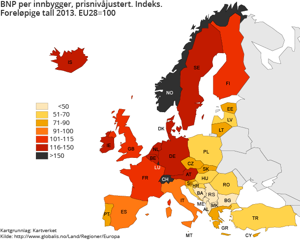 BNP per innbygger, prisnivåjustert. Indeks. Foreløpige tall 2013. EU28=100 BNP per innbygger, prisnivåjustert. Indeks. Foreløpige tall 2013. EU28=100
