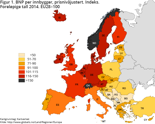 Figur 1. BNP per innbygger, prisnivåjustert. Indeks. Foreløpige tall 2014. EU28=100 Figur 1. BNP per innbygger, prisnivåjustert. Indeks. Foreløpige tall 2014. EU28=100