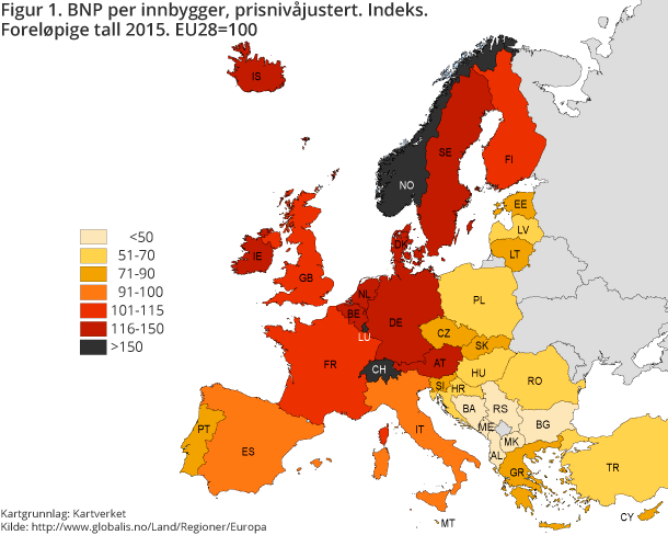 Figur 1. BNP per innbygger, prisnivåjustert. Indeks. Foreløpige tall 2015. EU28=100 Figur 1. BNP per innbygger, prisnivåjustert. Indeks. Foreløpige tall 2015. EU28=100