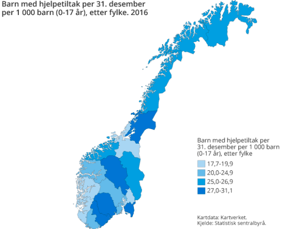 Figur 3. Barn med hjelpetiltak per 31. desember per 1 000 barn (0-17 år) etter fylke. 2016 Figur 3. Barn med hjelpetiltak per 31. desember per 1 000 barn (0-17 år) etter fylke. 2016