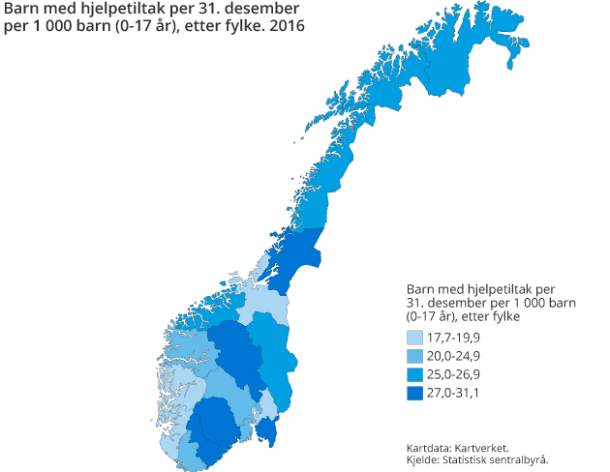 Figur 3. Barn med hjelpetiltak per 31. desember per 1 000 barn (0-17 år) etter fylke. 2016