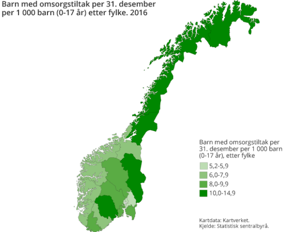 Figur 4. Barn med omsorgstiltak per 31. desember per 1 000 barn (0-17 år) etter fylke. 2016 Figur 4. Barn med omsorgstiltak per 31. desember per 1 000 barn (0-17 år) etter fylke. 2016