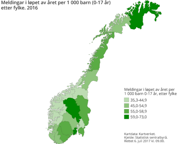Figur 1. Meldingar i løpet av året per 1 000 barn (0-17 år) etter fylke. 2016