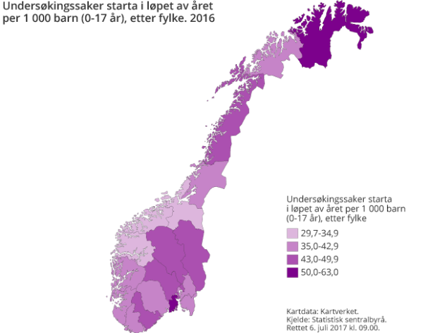 Figur 2. Undersøkingssaker starta i løpet av året per 1 000 barn (0-17 år) etter fylke. 2016 Figur 2. Undersøkingssaker starta i løpet av året per 1 000 barn (0-17 år) etter fylke. 2016
