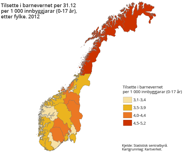 Tilsette i barnevernet per 31.12 per 1 000 innbyggjarar (0-17 år), etter fylke. 2012
