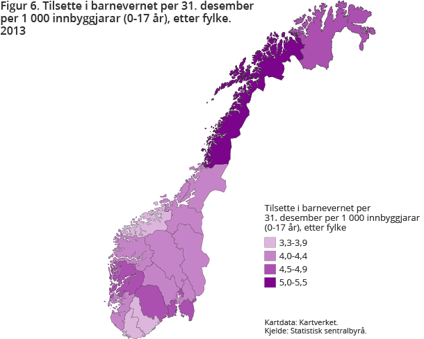 Figur 6. Tilsette i barnevernet per 31. desember per 1 000 innbyggjarar (0-17 år) etter fylke. 2013