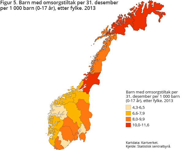 Figur 5. Barn med omsorgstiltak per 31. desember per 1 000 barn (0-17 år) etter fylke. 2013