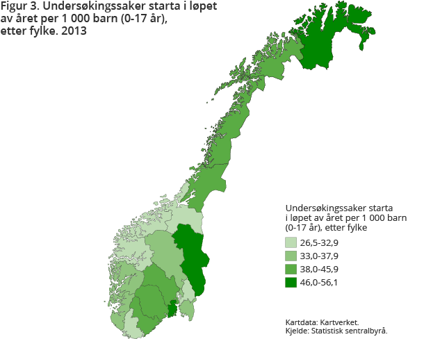 Figur 3. Undersøkingssaker starta i løpet av året per 1 000 barn (0-17 år) etter fylke. 2013