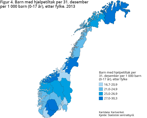 Figur 4. Barn med hjelpetiltak per 31. desember per 1 000 barn (0-17 år) etter fylke. 2013