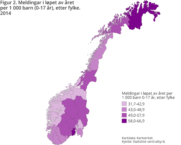 Figur 2. Meldingar i løpet av året per 1 000 barn (0-17 år) etter fylke. 2014