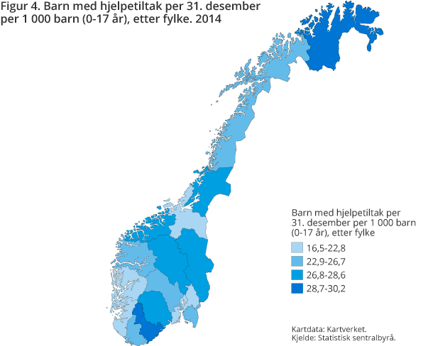 Figur 4. Barn med hjelpetiltak per 31. desember per 1 000 barn (0-17 år) etter fylke. 2014