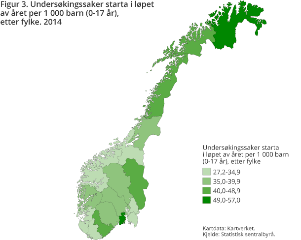 Figur 3. Undersøkingssaker starta i løpet av året per 1 000 barn (0-17 år) etter fylke. 2014