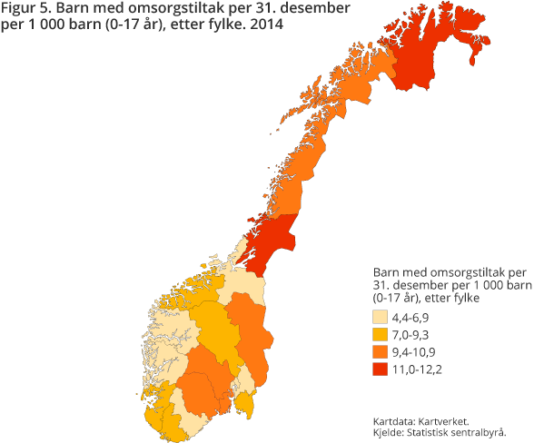 Figur 5. Barn med omsorgstiltak per 31. desember per 1 000 barn (0-17 år) etter fylke. 2014