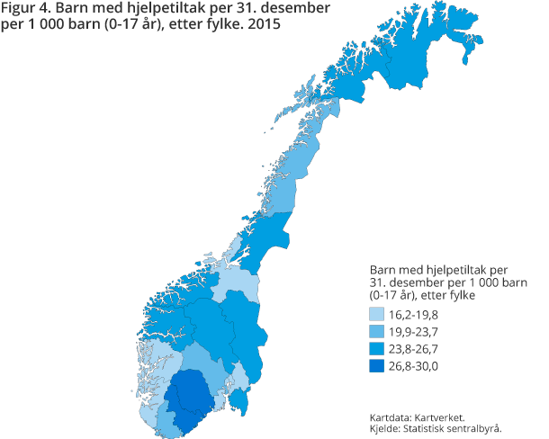 Figur 4. Barn med hjelpetiltak per 31. desember per 1 000 barn (0-17 år) etter fylke. 2015