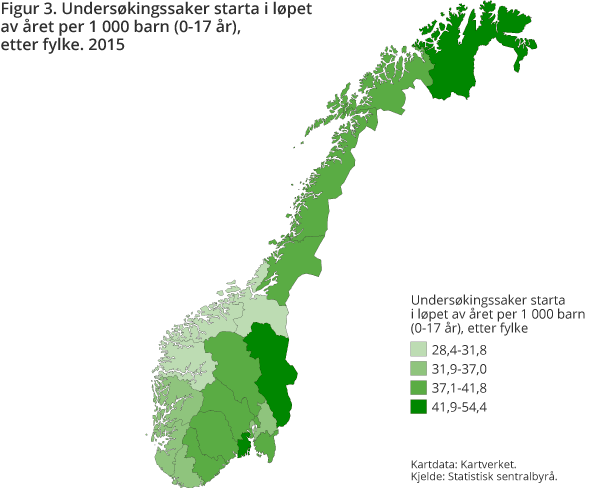 Figur 3. Undersøkingssaker starta i løpet av året per 1 000 barn (0-17 år) etter fylke. 2015