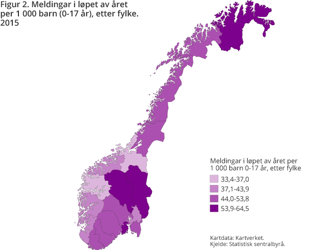 Figur 2. Meldingar i løpet av året per 1 000 barn (0-17 år) etter fylke. 2015