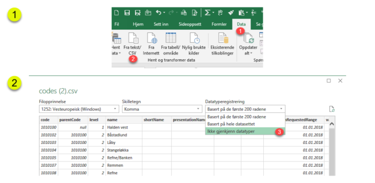 Skjermbilde fra Excel. For å unngå at tallene blir datoer kan man åpne filen i Excel på denne måten: I stedet for å åpne filen på vanlig måte, åpne først Excel. I Excel, klikk på valgene «Data» -> «Fra tekst/CSV». Velg så filen herfra. Det vil gi deg muligheten til å angi "Ikke gjenkjenn datatyper" under valget "Datatyperegistrering".