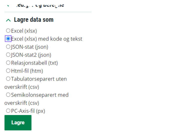 Skjermbilde av alternativene som finnes under menyvalget "Lagre data som". Her er det mulig å velge blant en rekke forskjellige filtyper.