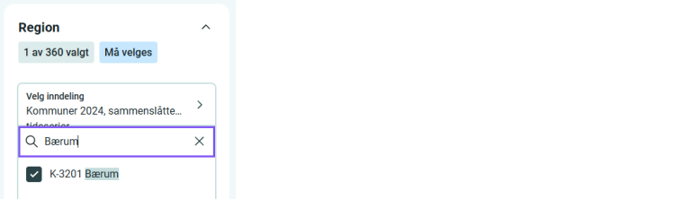 Søk på spesifikk kommune i regionlisten Kommuner 2024, sammenslåtte tidsserier.