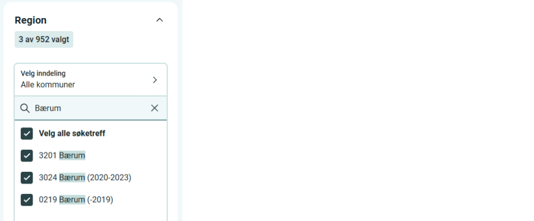 Søk på spesifikk kommune i regionlisten Alle kommuner.