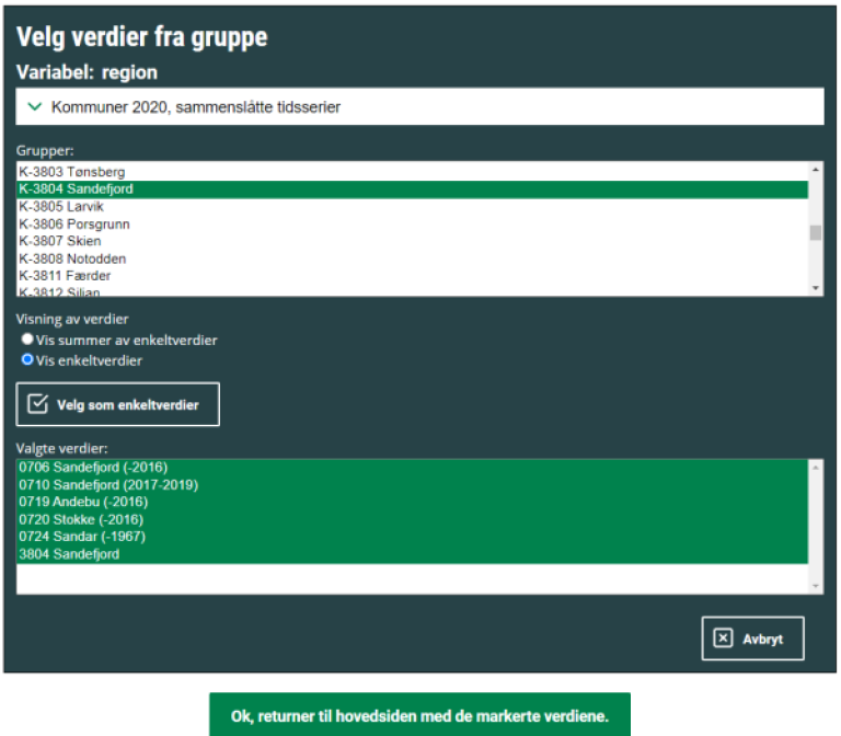Skjermbilde av mulighetene som ligger under Velg verdier fra gruppe. Her velges det innenfor variabelen Region. "Kommuner 2020, sammenslåtte tidsserier" er valgt. Under Gruppe er "K-3804 Sandefjord" valgt. Det er huket av for "Vis enkeltverdier", og de valgte verdiene er da ulike varianter av Sandefjord for ulike tidsperioder.