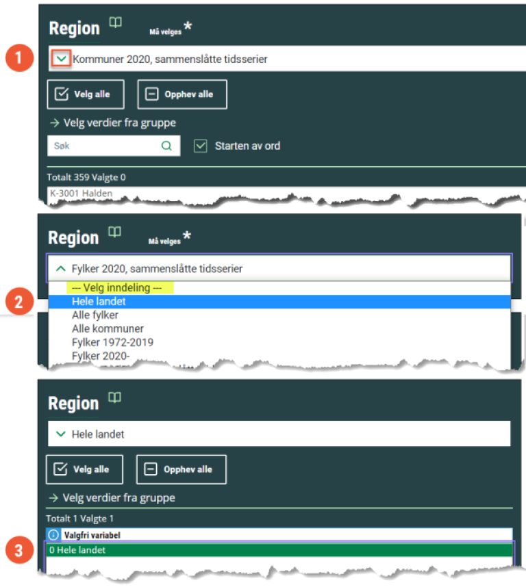 Skjermbilde av hvordan man går frem for å få vist tall for hele landet under Region. Det gjør du ved å åpne nedtrekksmenyen der man velger inndeling. Her velger du Hele landet.
