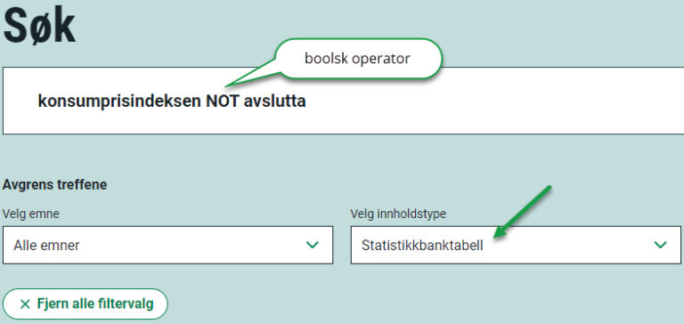 Bruk av den såkalte boolske operatoren "NOT" inne i en søkefrase for å avgrense søket til kun løpende tabeller. Hele søkefrasen: "konsumprisindeks NOT avslutta"