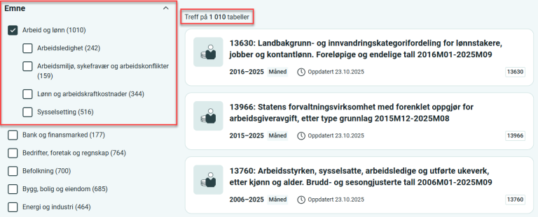 Utsnitt av hvodemne Arbeid og lønn uten noe valg under Status.