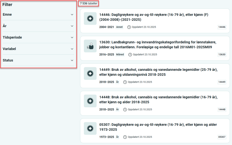 De forskjellige valgene under Filter.