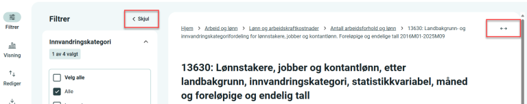 Bildet viser hvor man kan utvide tabellvisningen.