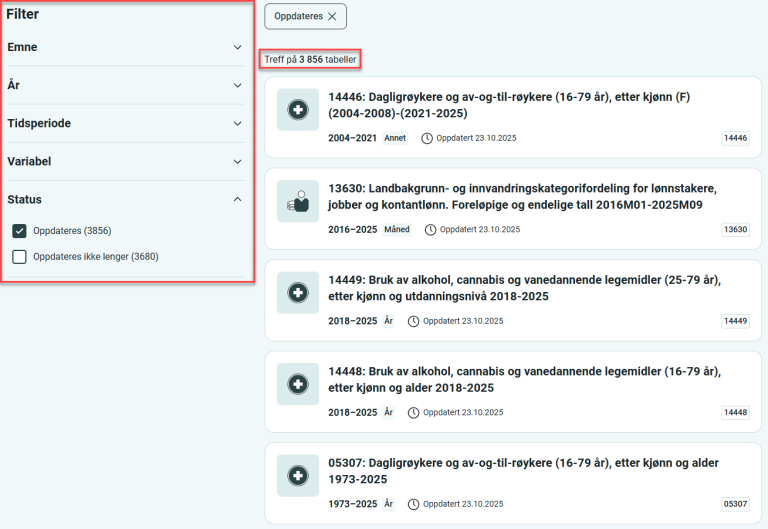 Åpent filter Status, der det er valgt Oppdateres. Kan også velge Oppdateres ikke lenger.