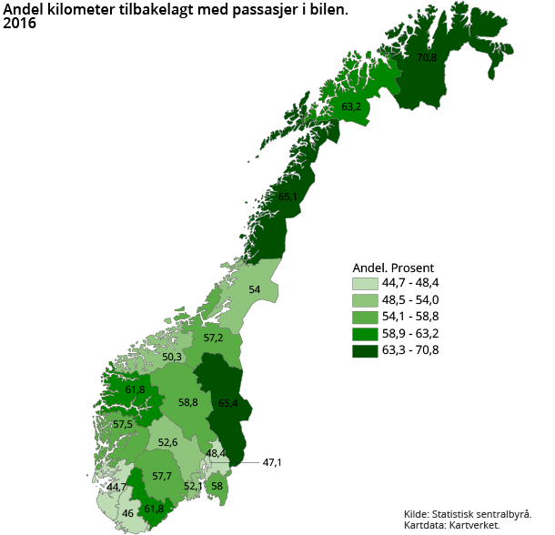 Figur 1. Andel kilometer tilbakelagt med passasjer i bilen. 2016. Prosent Figur 1. Andel kilometer tilbakelagt med passasjer i bilen. 2016. Prosent