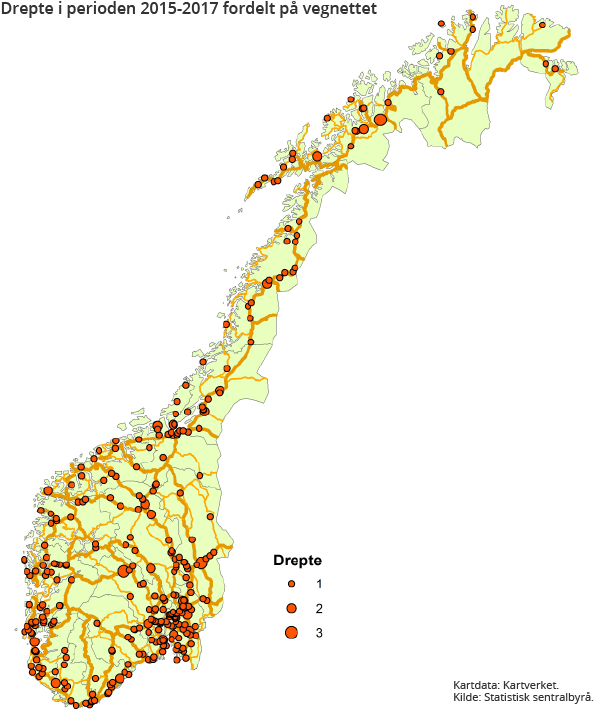 Figur 6. Drepte i perioden 2015-2017 fordelt på vegnettet Figur 6. Drepte i perioden 2015-2017 fordelt på vegnettet