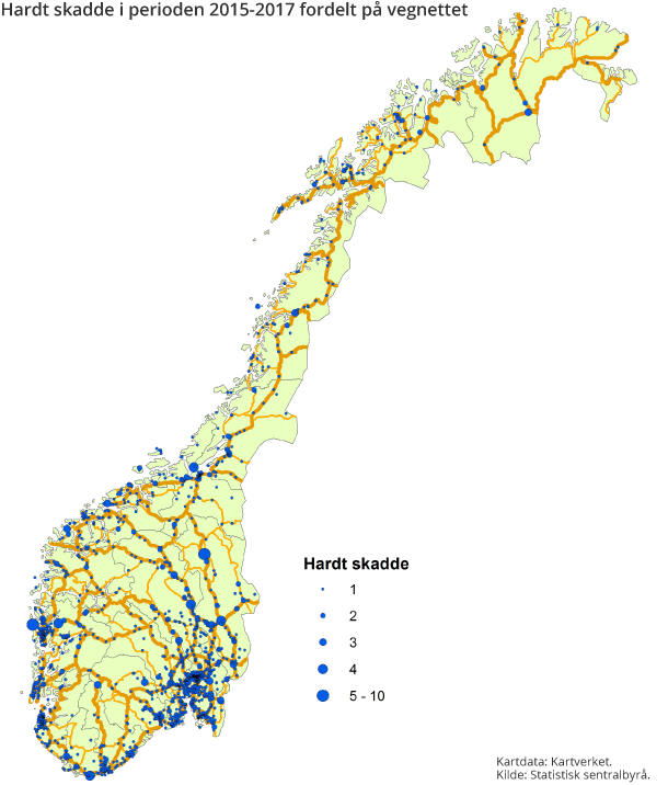 Figur 7. Hardt skadde i perioden 2015-2017 fordelt på vegnettet Figur 7. Hardt skadde i perioden 2015-2017 fordelt på vegnettet